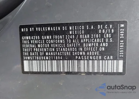 2019 Volkswagen Jetta Gli 2.0T 35Th Anniversary Edition/2.0T Autobahn/2.0T S from USA, damaged, VIN 3VW5T7BU9KM211894